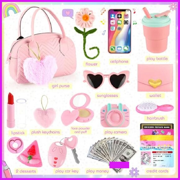 Girls Pretend Play Purse Set 35PCS Princess Role Play Toy Handbag - Picture 8 of 8